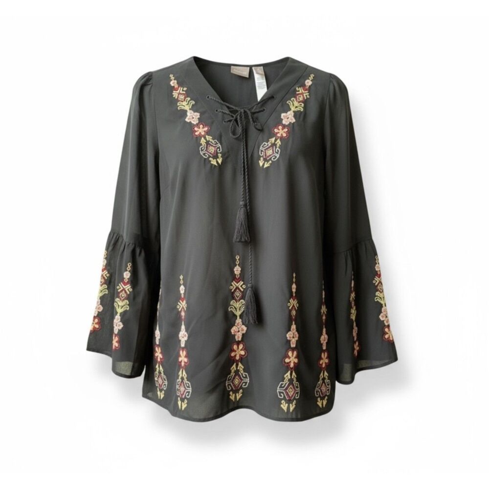 Chicos V-neck embroidered tunic black tassels size XL/16